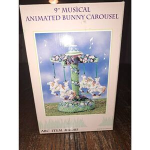 New Vintage 9" Musical Animated Rabbit Easter Bunny Carousel Figurine Music Box